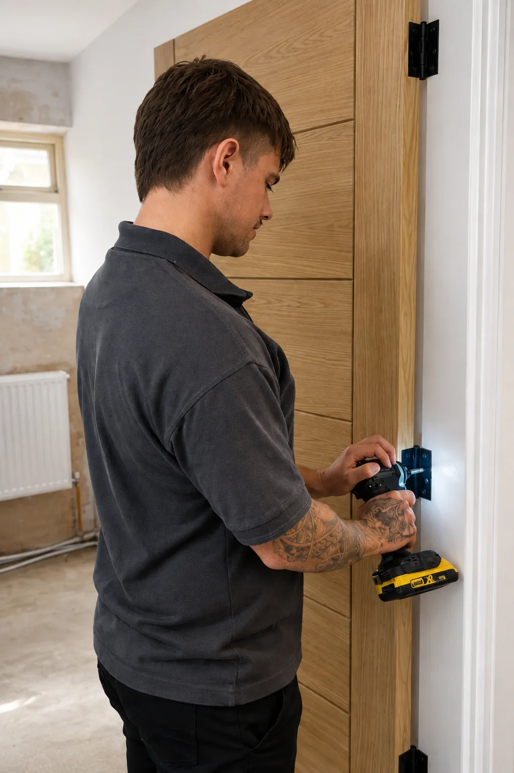 JLH operative fitting a hinge to a timber fire door